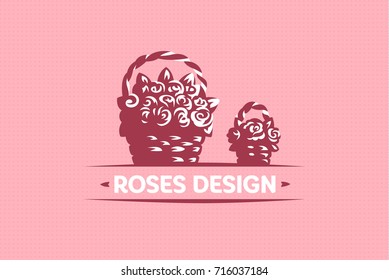 Roses in a straw basket. Vector emblem.