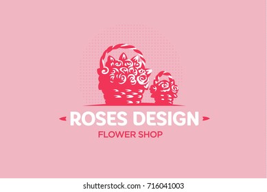 Roses in a straw basket. Vector emblem.