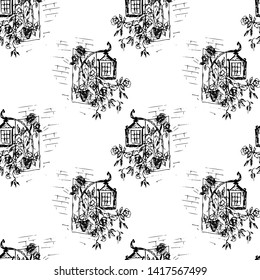 Roses and a street lamp. Seamless pattern. Vector illustration.