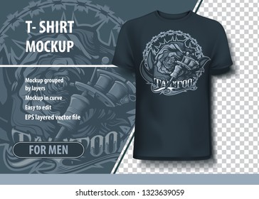 Roses, Tattoo machine and torn. Fully editable T-Shirt template.