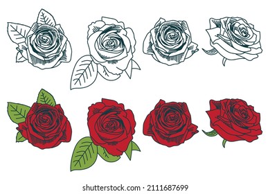 Roses tattoo vector cartoon set isolated on a white background.