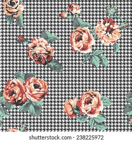 Roses texture with houndstooth background, Vector seamless pattern in custom colors