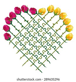 Roses that shape a heart and a jigsaw puzzle with their thorny stalks, as a symbol for matters of love. Isolated vector illustration on white background.