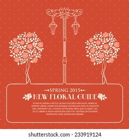 Roses trees and street light over red backgrond with template text. Vector illustration.