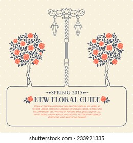 Roses trees and street light over gray backgrond with template text. Vector illustration.