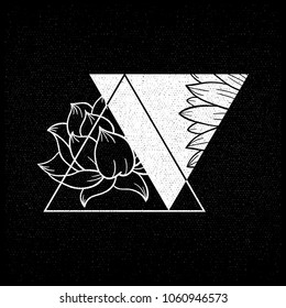 Roses in a triangle illustration for tattoo. Beautiful roses geometrical style t-shirt design