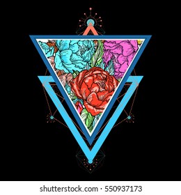 Roses in a triangle, t-shirt design. Floral fashion poster dark style 