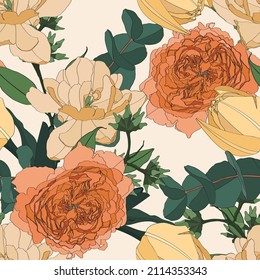 Roses, tulips flowers with eucalyptus branches. Seamless pattern with vintage flowers. Floral beige background.
