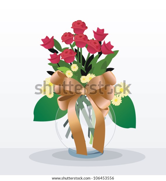 Roses Vase Decorated Gold Ribbon Stock Vector Royalty Free 106453556