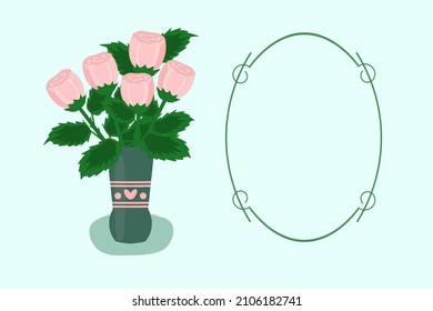 Roses in a vase, oval frame for text, color drawing, on a light green background, postcard, invitation