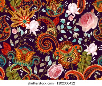 Roses vector pattern. Colorful seamless floral wallpaper, backdrop. Paisley and flowers
