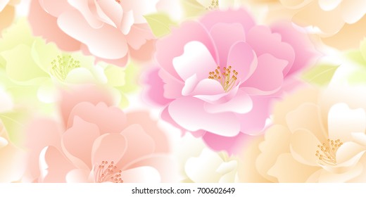 Roses. Vector seamless pattern. Bokeh flower. Hand drawing pastel. Realistic floral illustration - design template luxury packing, textiles, paper. Pink flowers and green leaves on white background.