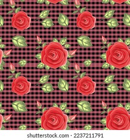 Roses vector with seamless pattern on a gingham plaid background