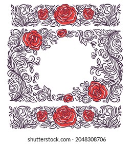 Roses with Victorian swirl ornaments. Hand drawn vector illustrations with vintage theme