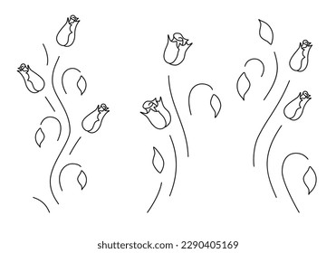 Roses and vines isolated on white background. Stylized rose flowers and buds for greeting card, Valentines day, wedding, birthday, embroidery or other using. Vector illustration. Set. 