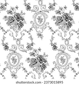 Roses vintage border frame  pattern baroque victorian black and white design