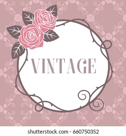 Roses with vintage border on pink roses pattern background