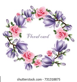 Roses and violet flowers wreath card. Vector spring summer bouquets