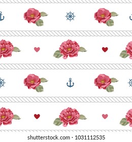 Roses wallpaper. Seamless pattern with roses. Vintage roses and anchors background. Floral pattern. 