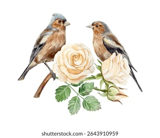 Aquarela de rosas. Pássaros sentados em um galho. Lindas flores de pêssego pastel e tentilhões marrons. Ilustração de vetor desenhada à mão. Cartões de felicitações vintage, convites de casamento, banners, etiquetas, cartazes.