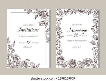 Roses weddding invitation. Hand drawn floral elegant vintage card with rose frame in victorian engraving style. Illustration of wedding invitation, marriage date poster