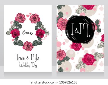 Roses wedding cards, pink and gray palette, vector illustration