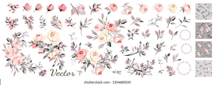 Roses. Wedding collection of floral arrangements of pink roses , green leaves, gold elements. Wreath, bouquet, flowers, flower set. Vector design.