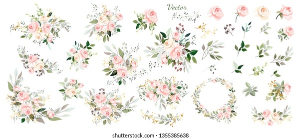 Roses. Wedding collection of floral arrangements of pink roses , green leaves, gold elements. Wreath, bouquet, flowers, flower set. Vector design.