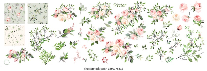 Roses. Wedding collection of floral arrangements of pink and cream roses, green leaves. Seamless patterns, bouquet, flowers, branches, floral set. Vector design.