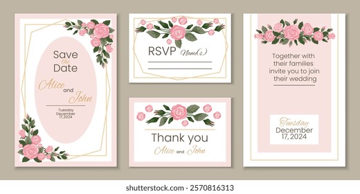 Roses wedding invitations. Delicate and elegant floral design. Bridal celebration. Marriage ceremony banners template. Pink flowers decoration. Bride and groom party