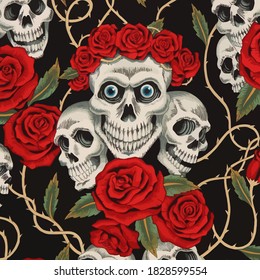 roses and white skulls with black background
black background, white skulls with eyes and red roses, with thorns

