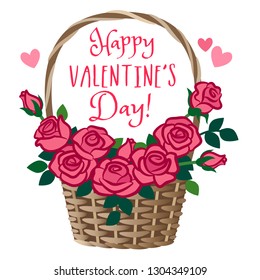 Roses in a wicker basket vector cartoon illustration. Beautiful red pink roses bouquet with text "Happy Valentine's Day" isolated on white. Love, romance, Valentine's day theme greeting card template.