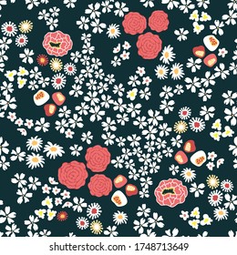 Roses and wildflowers on black background. Seamless print with flowers. Vintage collection. Template for textile design, cards, wallpapers, gift wrappings.