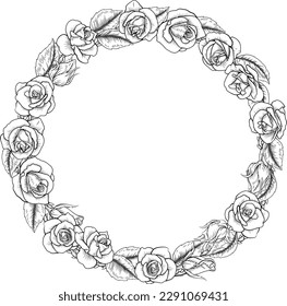Roses woodcut vintage style flower circle wreath design