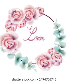 Roses wreath frame watercolor Vector. Delicate floral decor bouquets wedding card