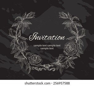 Roses Wreath. Rose Flower Wreath. Vector Floral Circle Border. Hand Draw At Chalkboard Style 