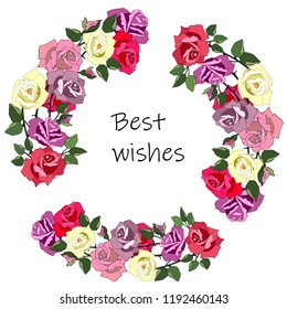 Roses yellow, pink, red, greeting card, slogan. Shabby chick