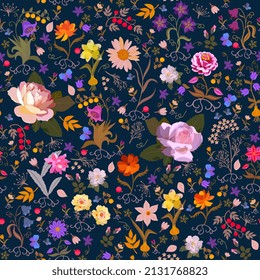 Roses, zinnias, daisies, daffodils, flowering cacti, cosmos, bluebells, purslane with roots and leaves isolated on a black-blue background in vector. Beautiful seamless natural print for fabric. 