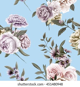 Roses,Carnations, Peony with leaves. Different flowers. Seamless background pattern. Vector - stock.