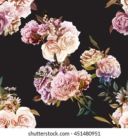 Roses,Carnations, Peony with leaves. Different flowers. Seamless background pattern. Vector - stock.