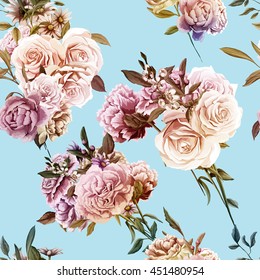 Roses,Carnations, Peony with leaves. Different flowers. Seamless background pattern. Vector - stock.