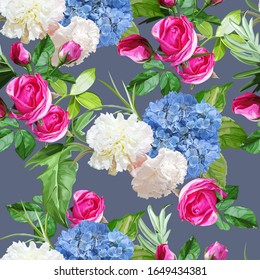 Roses,hydrangea and carnation flowers seamless pattern vector illustration