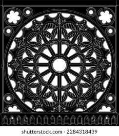 Rosetta On Gothic Cathedral Vector 02. Illustration Isolated On White Background. A Sketch Drawing Vector Illustration Of A Gothic Rosseta.