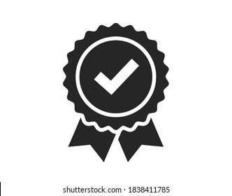 Rosette award medal icon vector with ribbon and check mark tick label black and white, concept of premium quality, recommended certificate, idea of guaranty or warranty badge with approved checkmark