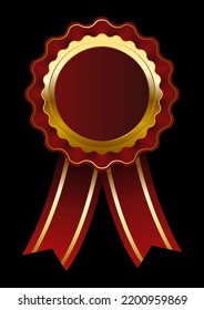 Rosette badge design in red color, certification icon or logo, rewads, standardization, vector illustration