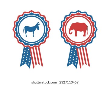 Rosette badges with elephant and donkey for voting and election. 