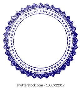 Rosette circular star frame grunge textured template. Vector draft element with grainy design and unclean texture in blue color. Designed for overlay watermarks and rubber seal imitations.