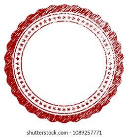 Rosette circular star frame grunge textured template. Vector draft element with grainy design and distressed texture in red color. Designed for overlay watermarks and rubber seal imitations.