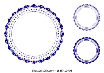 Rosette circular star frame mosaic of uneven pieces in variable sizes and color tinges, based on rosette circular star frame icon. Vector tremulant pieces are composed into mosaic.