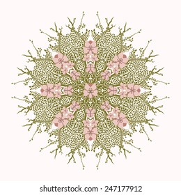 Rosette with floral elements, leaves and stylized branches.